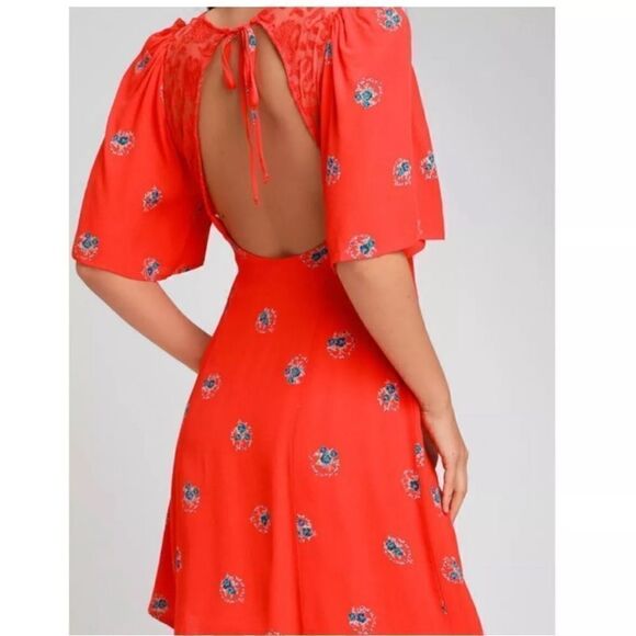 Free People Mockingbird Coral Red Floral Backless Mini Dress - Picture 2 of 8